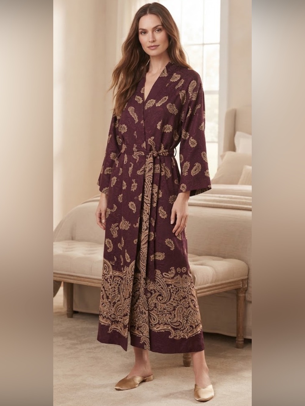 Aria Long Jacquard Patterned Robe Kimono Duster Loungewear Plum n Tan
